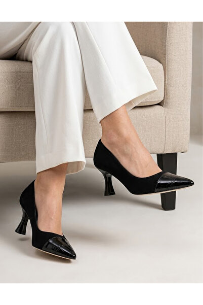 DUDYEN SHOES Women's Black Suede Stiletto Croc Patterned Patent Leather Toe S...