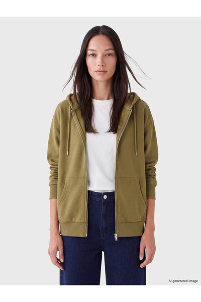 LC Waikiki Alita City Green 3 Threaded Plain Women's Zippered Sweatshirt with...