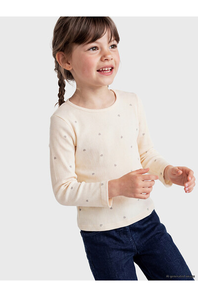 LC Waikiki Peak New Season Ecru Crew Neck Patterned Girls' T-Shirt