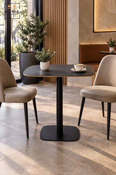 MARIA HOMES Modern Café Table | Black Square Pedestal Table with Rounded Corn...
