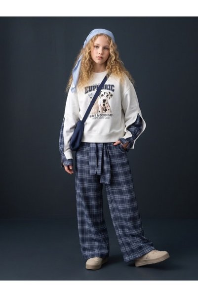 Zekids Kız Çocuk Köpek ve Yazı Baskılı Ekose Kol Detaylı Sweatshirt