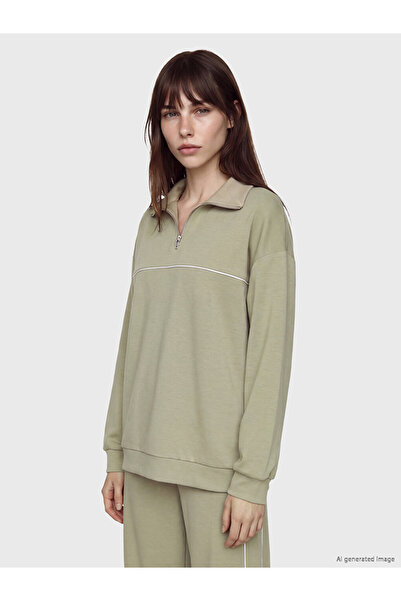 LC Waikiki Vizyon New Season Khaki Soft Touch Oversize Women's Sweatshirt Tunic