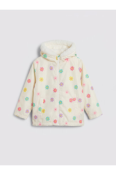 LC Waikiki Ecru Hooded Floral Girls' Plush Coat