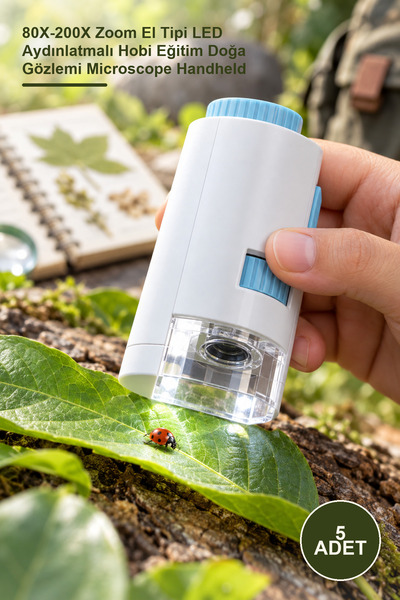 5 Adet Portatif Mini Mikroskop – 80X-200X Zoom El Tipi LED Aydınlatmalı Hobi Eğitim Doğa Gözlemi Microscope Handheld