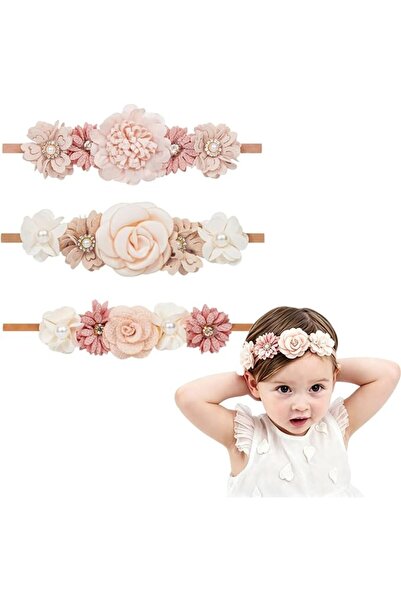 LinJie 3Pcs Baby Girl Flower Headbands, Flower Nylon Headbands Set