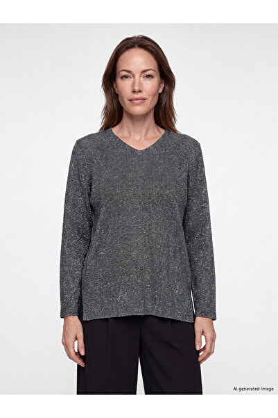 LC Waikiki Lcw Grace Gray Knitwear Plain V-Neck Women's Sweater with Nevavm D...