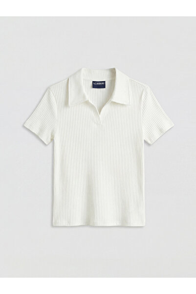 LC Waikiki Two Mt Shop Quality Lcw Kids White Polo Collar Girls Ribbed T-Shirt