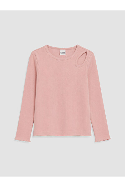 LC Waikiki Two Mt Shop Quality Pink Oval Collar Window Detail Girls' T-Shirt