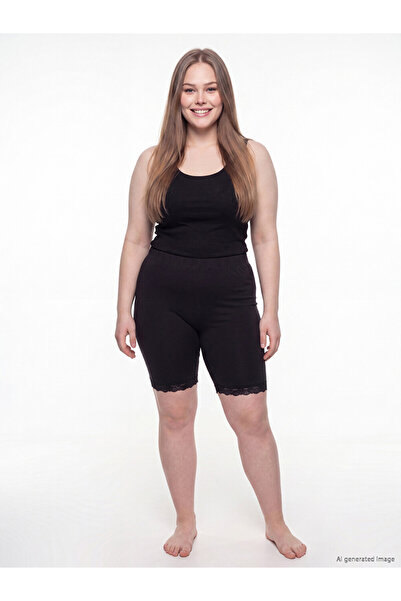 LC Waikiki Vizyon New Season Black Plus Size Women's Shorts Leggings with Lac...