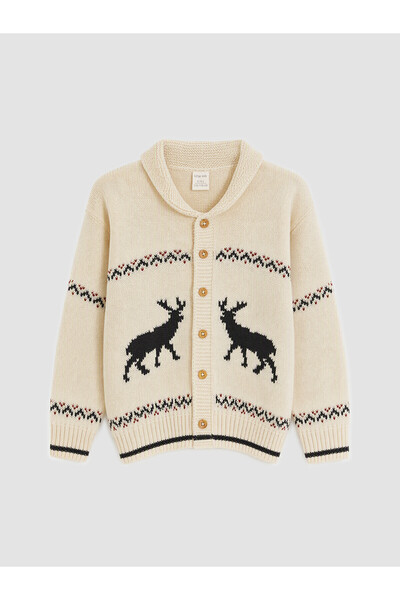 LC Waikiki Two Mt Shop Quality Lcw Kids Beige Knitwear Printed Boys' Cardigan