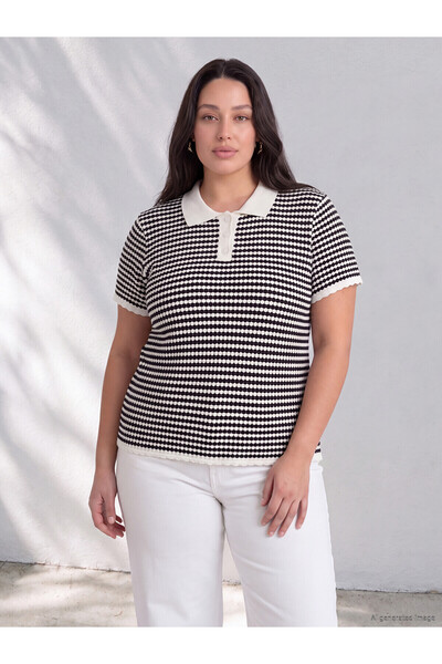 LC Waikiki Nevavm Lcw Curve Black Knitwear Striped Polo Neck Women's Sweater ...