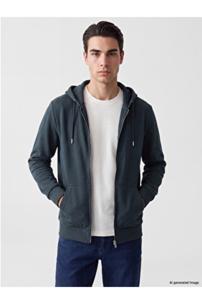 LC Waikiki Petrol Hooded Men's Zippered Sweatshirt