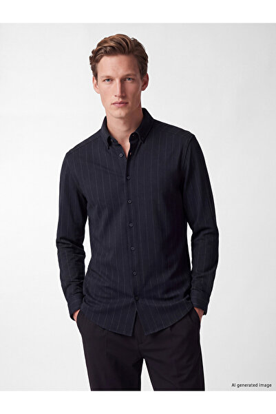 LC Waikiki Vizyon New Season Navy Blue Slim Fit Striped Men's Shirt