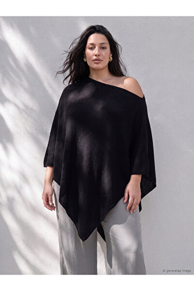 LC Waikiki Lcw Curve Black Knitwear Plain Women's Poncho with Nevavm Difference