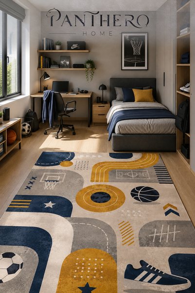 Panthero Home Lacivert Hardal Spor Desenli Kaymaz Taban Süngerli Yıkanabilir ...
