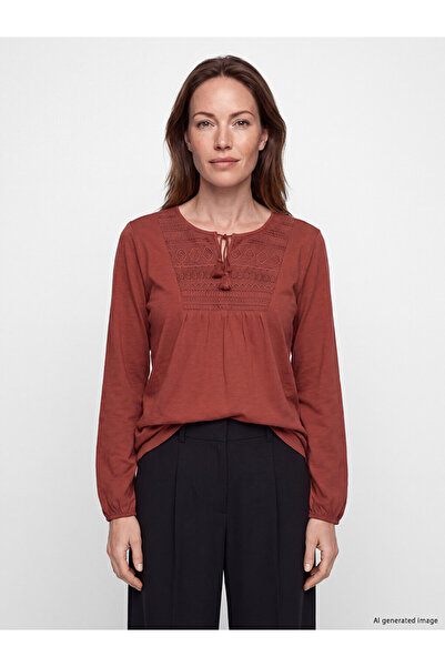 LC Waikiki Vizyon New Season Orange Tie-Neck Embroidered Blouse