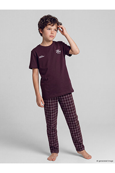 LC Waikiki Peak New Season Plum Color Crew Neck Boys' Pajama Set