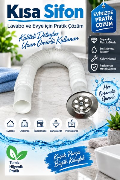 Genel Markalar Kısa Sifon Esnek Lavabo ve Evye Gider Borusu – Paslanmaz Metal...