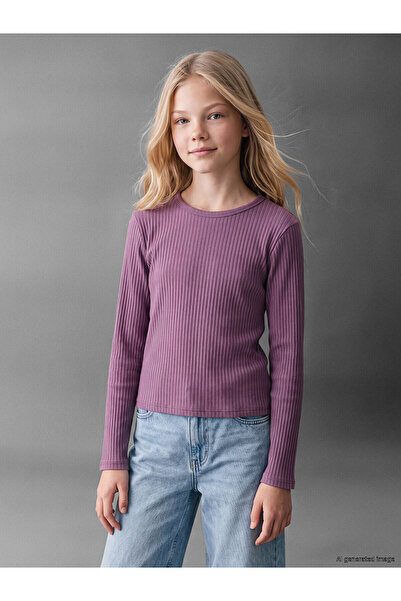 LC Waikiki Two Mt Shop Quality Lcw Kids Plum Oval Collar Girls' T-Shirt