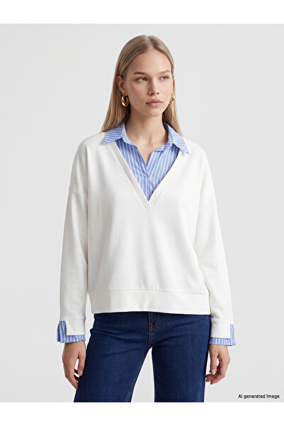 LC Waikiki Peak New Season Ecru Shirt Collar Striped Women's Sweatshirt