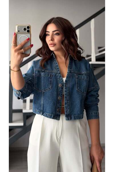 Oslove Dark Blue V-Neck Denim Jacket