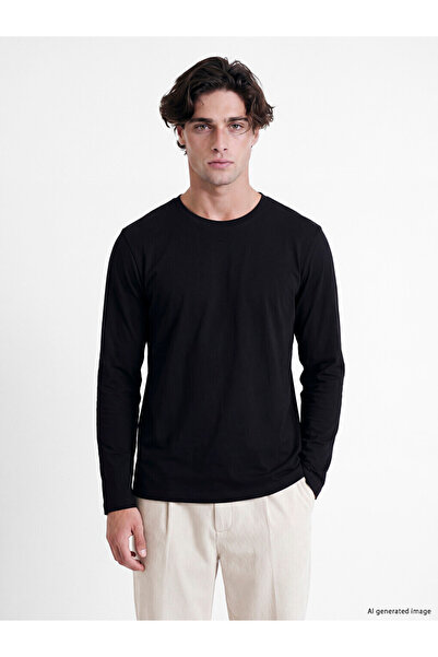 LC Waikiki Peak New Season Black Crew Neck Long Sleeve Combed Cotton Men's T-...