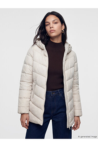 LC Waikiki Alita City Lcw Vision Beige Hooded Women's Puffer Coat with a Diff...