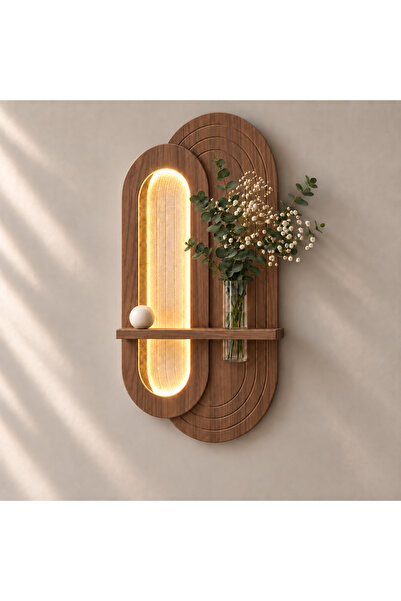 Artium Design Cam Vazolu ve LED Aydınlatmalı Dekoratif MDF Duvar Rafı - Ahşap...
