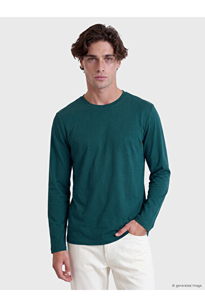 LC Waikiki Peak New Season Green Crew Neck Long Sleeve Combed Cotton Men's T-...