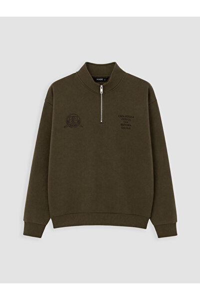 LC Waikiki Vizyon New Season Khaki Stand Collar Printed Men's Sweatshirt