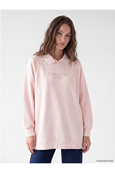 LC Waikiki Pink Polo Neck Oversize Women's Sweatshirt Tunic