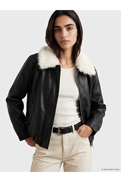 LC Waikiki Alita City Lcw Vision Black Fur Collar Women's Leather Look Coat w...