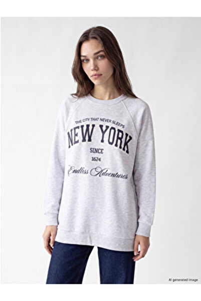 LC Waikiki Gray Printed Oversize Women's Sweatshirt Tunic