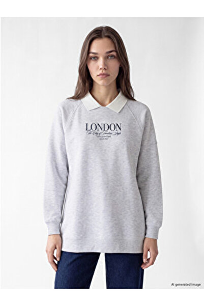 LC Waikiki Gray Polo Collar Oversize Women's Sweatshirt Tunic