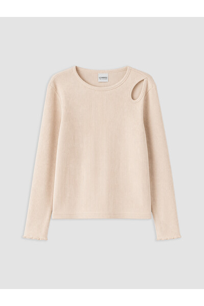 LC Waikiki Two Mt Shop Quality Beige Oval Collar Window Detail Girls' T-Shirt