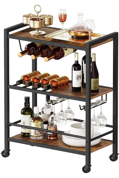 HOOBRO Bar Cart, 3-Tier Coffee Cart with Wheels, Kitchen Cars with Glass Hold...