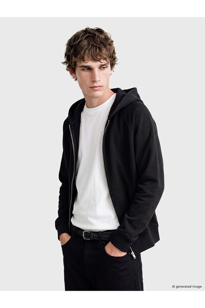 LC Waikiki Nevavm Black Plain Standard & Regular Men's Zippered Sweatshirt wi...