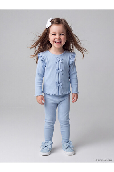 LC Waikiki Nevavm Farkıyla Lcw Baby Blue Ruffle Bow Baby Girl Blouse and Legg...