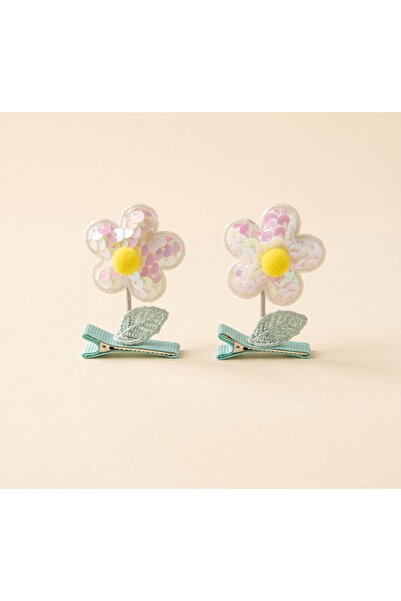 Jeevee Set of 2 Pompom Sequined Floral Swinging Clips with Buckle