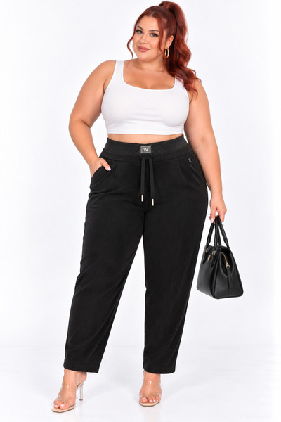 MOTIVATION Plus Size High Waist Ribbed Textured Lace-Up Women's Trousers with...