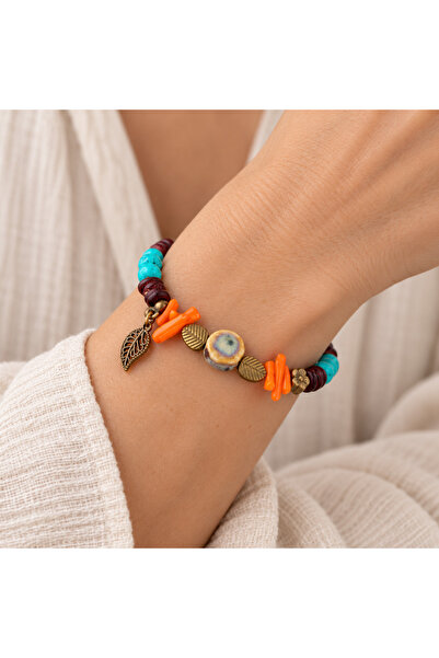 HER ŞEY NOTA www.herseynota.com Turquoise Burgundy Orange Beaded Leaf Detaile...