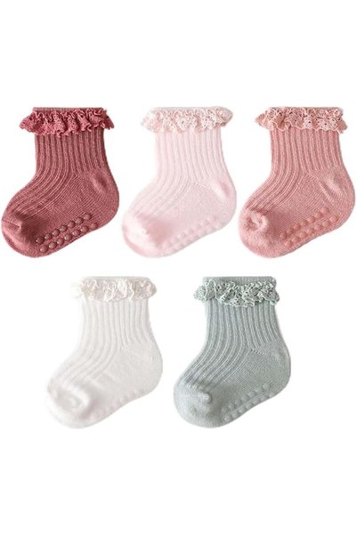 TERRIFI 5 Pairs Baby Girl Non-Slip Socks, Soft Cotton Ruffle Ankle Grip Socks...