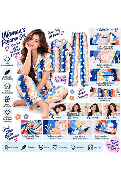 Lovisah Styles Women’s Floral Heart Print Pajama Set, 2-Piece Short Sleeve Button-Front Sleepwear with Collared Top and Long Pants, Cute Lounge Wear for Home