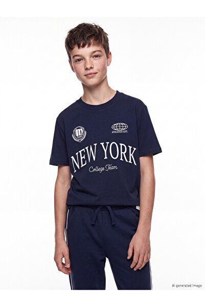 LC Waikiki Two Mt Shop Quality Lcw Kids Navy Blue Oval Collar New York Printe...