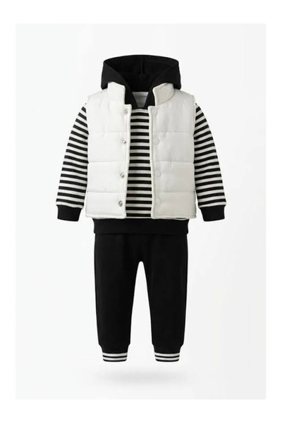 Bilge Trend ERKEK BEBEK ÇİZGİLİ KAPÜŞONLU SWEAT , ŞİŞME YELEK , PANTOLON 3 PARÇA KIŞLIK TAKIM
