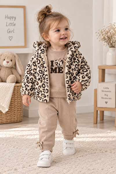 Bilge Trend LEOPAR POLAR MONTLU , FİYONK DETAYLI KIZ BEBEK 3 PARÇA KIŞLIK TAKIM