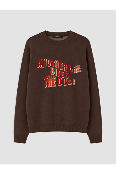 LC Waikiki Nevavm Farkıyla Xside Brown Knitwear Printed Oval Collar Men's Swe...