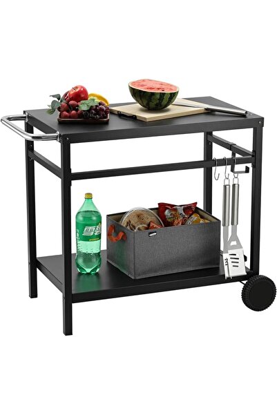 Lawazim Movable Dining Cart Table with Double Shelf, Hooks, Side Handle - Mul...