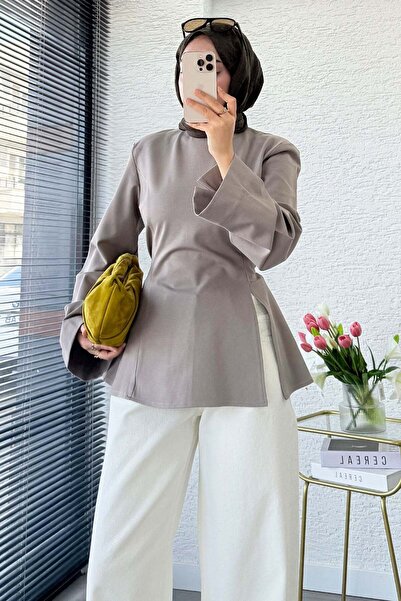 MELEK ARAZ Premium Slit Detailed Tie-Back Blouse - Mink