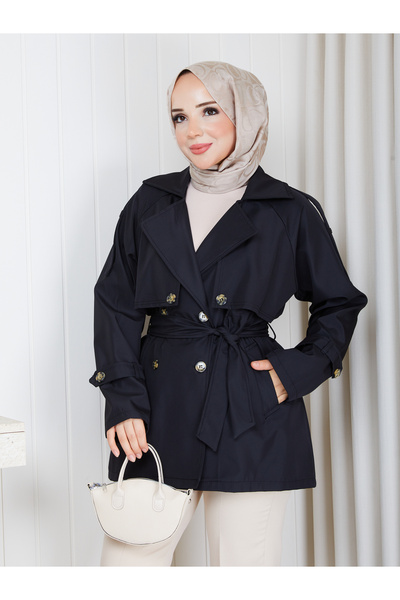 MİHRİZAR Women's Shoulder and Sleeve Detailed Buttoned Belted Jacket Long Tre...